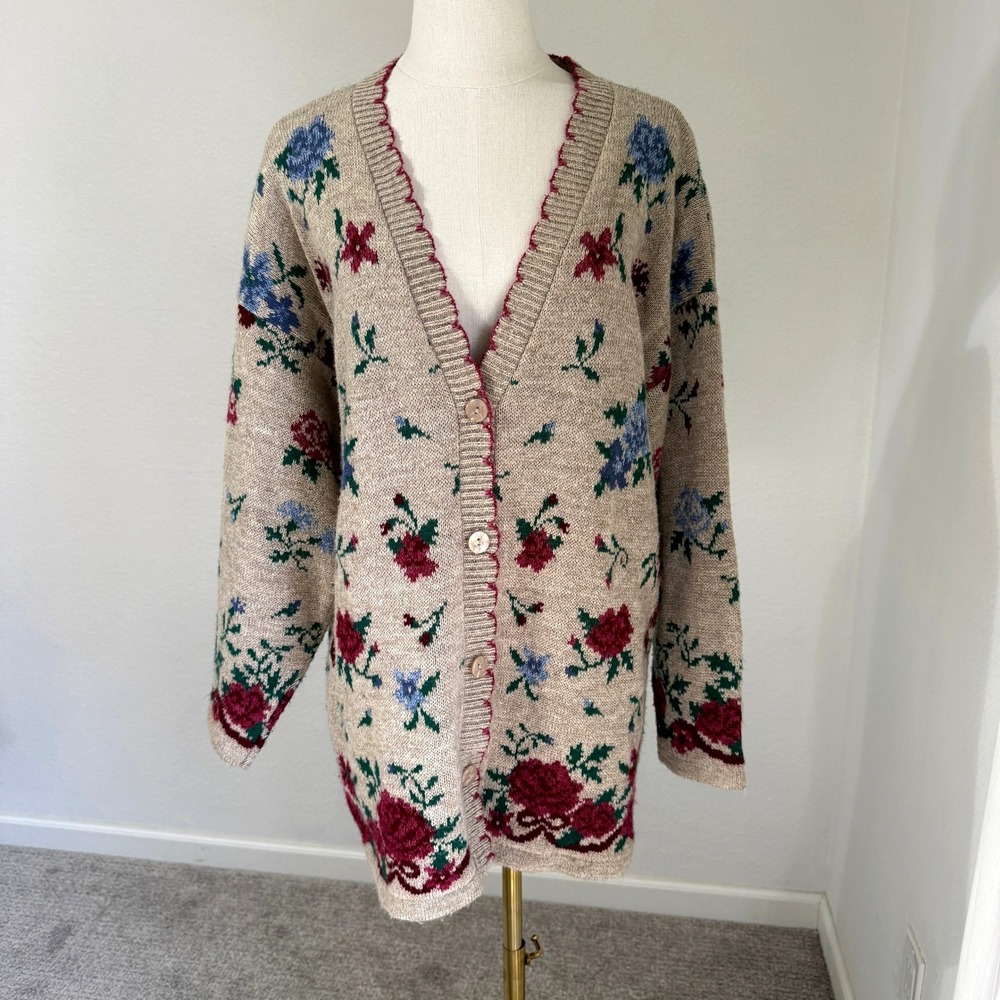Vintage Floral Knit Cardigan Sweater Jewel Toned Medium Cottagecore Grandpa